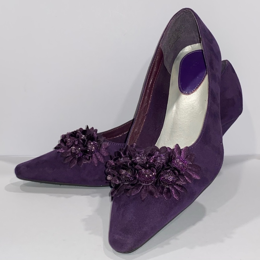 Purple Embellished Suede Wide Width Pumps by It’s Ok!